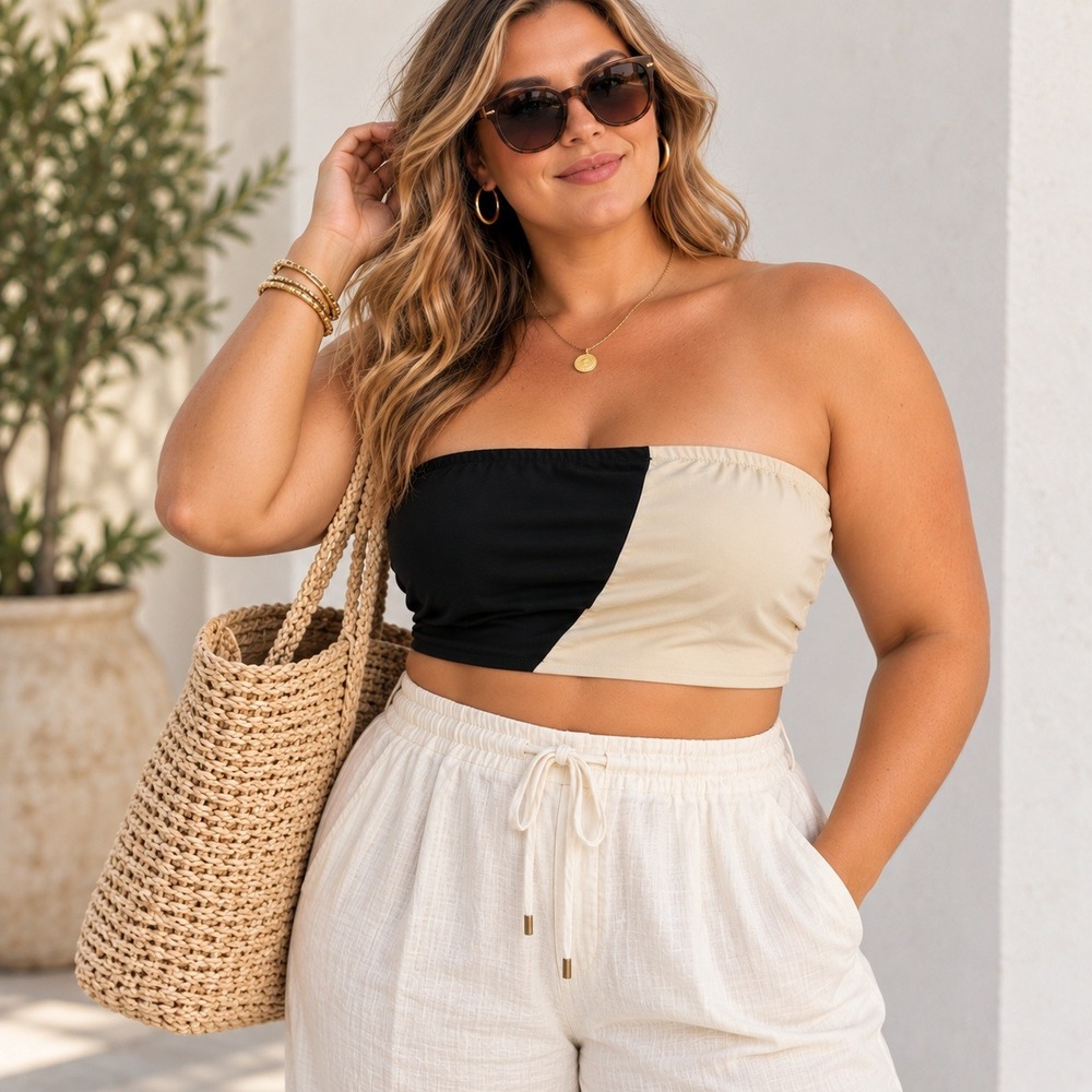 GabiFresh Fashion to Figure Sz 2X Black Cream Colorblock Tube Top Strapless Zip